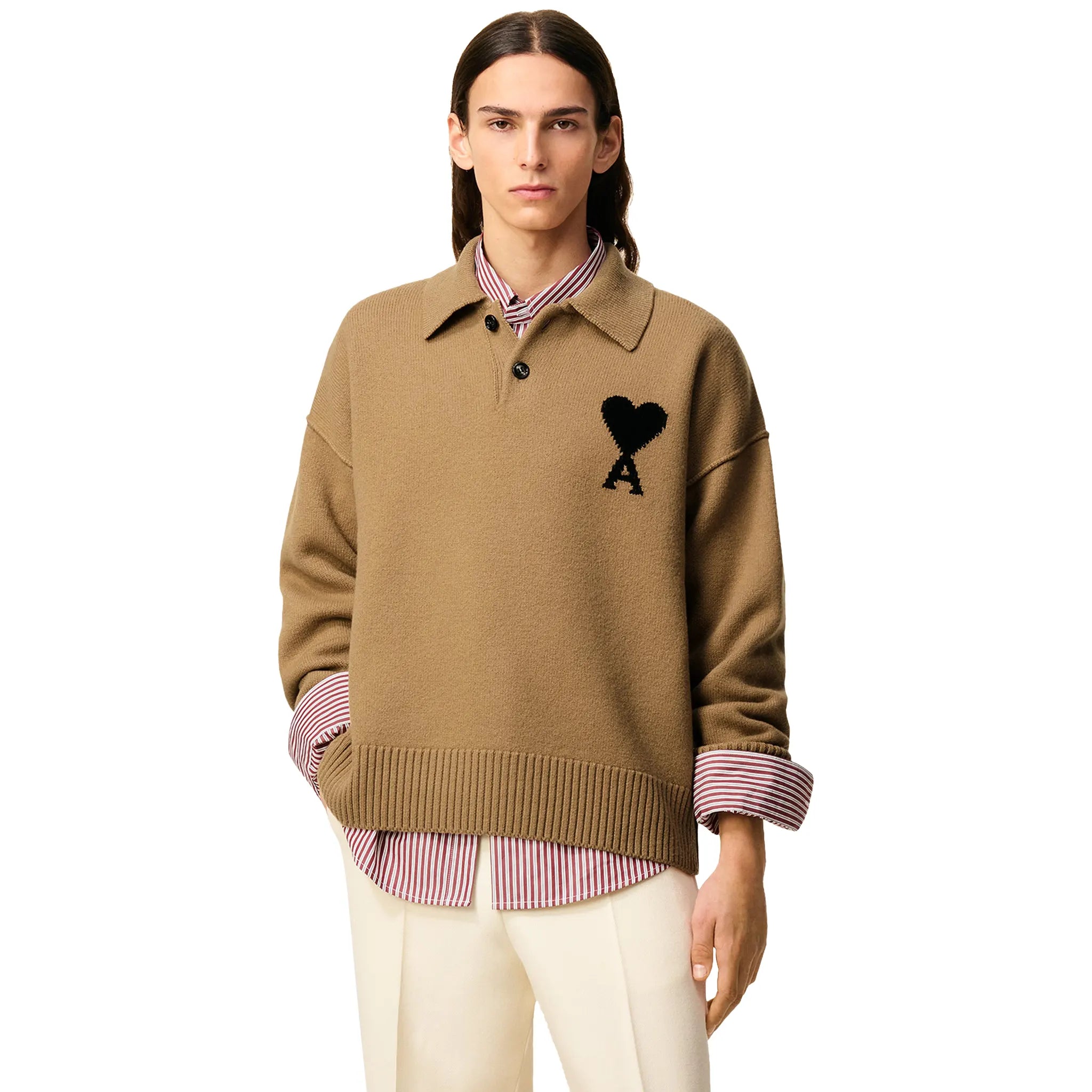 Front View of Ami Paris ADC Knitted Tan Polo Sweatshirt UPL409-018-288